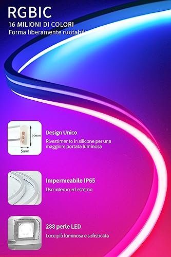 Striscia LED Neon RGBIC 3M con Controllo App Tuya, Compatibile con Alexa, IP65 Impermeabile, Sincronizzazione Musicale, per Camera, Gaming, Feste e Decorazioni Natalizie - Illuminazione - Immagine 5