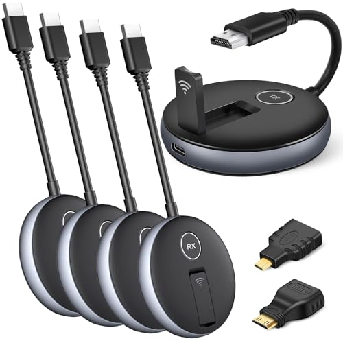 Wireless HDMI Sender und Empfänger.1 Sender und 4 Empfänger.Erweitert gleichzeitig den Projektionsbildschirm von Mehreren Handys,Laptops,Kabelboxen,Camcordern auf TV oder Projektor.