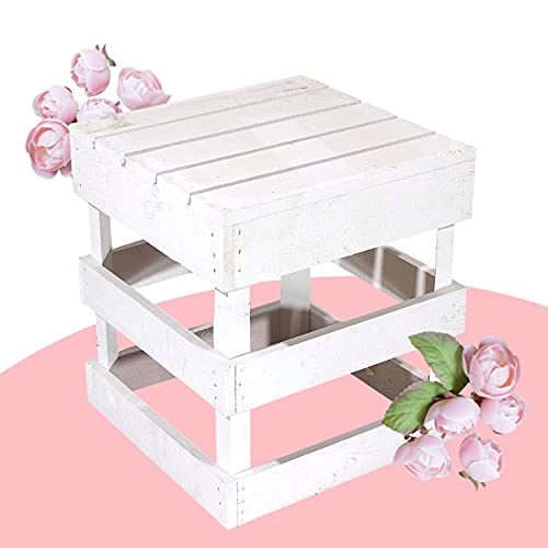 Moooble Weißer Hocker aus Holz 42cm x 42cm x 45cm Sitzgelegenheit weiß Obstkisten Stuhl Shabby chic Weinkiste aus dem Alten Land Vintage Gartenmöbel Tisch Natur DIY