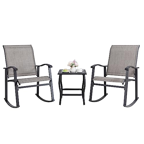 Shintenchi 3 Piece Rocking Bistro Set, Outdoor Furniture with Rocker Chairs and Glass Coffee Table Set of 3, Balcony, Porch Furniture for Small Space, Taupe Gray