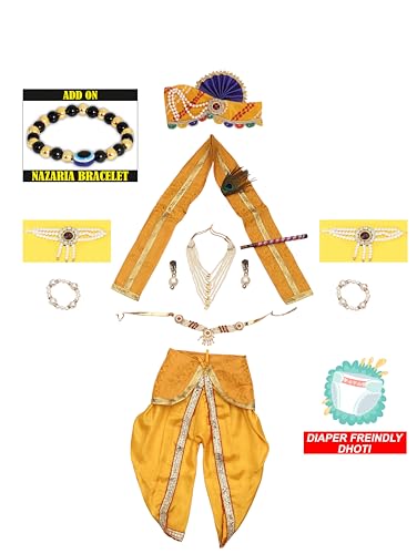 Image of Krishna Dress for Kids, Baby Krishna Dress for Janmashtami with Krishna Mukut, Peacock Feather & Flute Embroidered Krishna Costume for Girl & Boy, 3 Months-8 Years