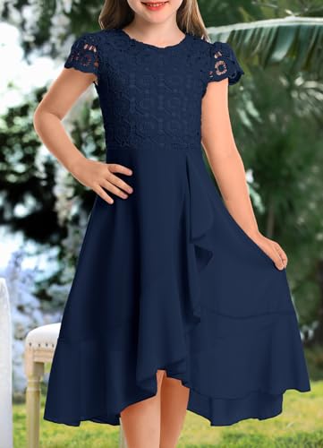 HOSIKA Girls Vintage Lace Chiffon Ruffle Sleeve A-Line Wedding Party Junior Bridesmaid Dress for Kids 6-12 Years2