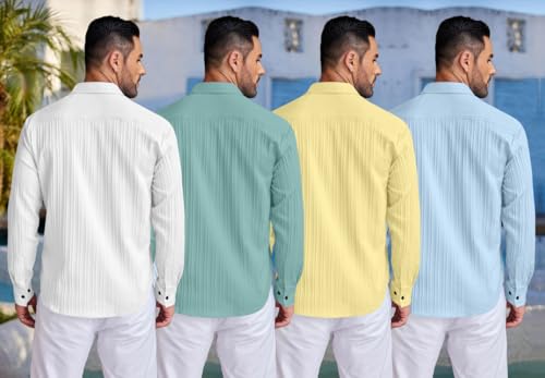 Image of FINIVO FASHION Combo of Men's Casual Cotton Plain Button Down Shirt Long Sleeve Textured Summer Beach Shirt for Men Pack of 4