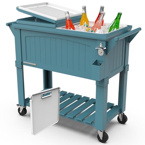 Permasteel Party Cooler with Divider Spacious 80-Qt Capacity Chills 36hrs Serving Tray Rolling Ice Chest for Indoor and Outdoor Entertainment Matte Teal