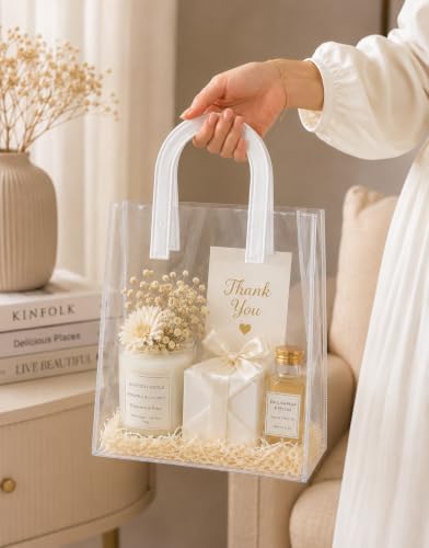 Image of SATYAM KRAFT 6 Pcs Transparent Reusable Leather Goodie Bags | Elegant Gift Bags for Her /Him Wedding Return Favors, Engagement Hampers, Marriage, Birthday & Festival Gifting | Handle Hamper Shopping Carry Bags (U-shaped White - Medium)