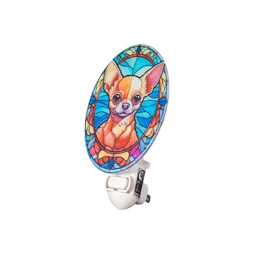 Image of Dog Night Light Chihuahua, Stained Glass Styled Plug-in Wall Nightlight, Bulb Included, Pet Memorial Dog Lover Gift, Bedroom Hallway Bathroom Decor, Manual On /Off Switch