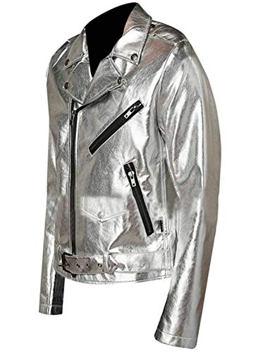 Iii-Fashions Men's New Shiny Silver Brando Slim Fit Motorcycle Belted Leather Coat, Silver Faux Leather, Medium #TOP1