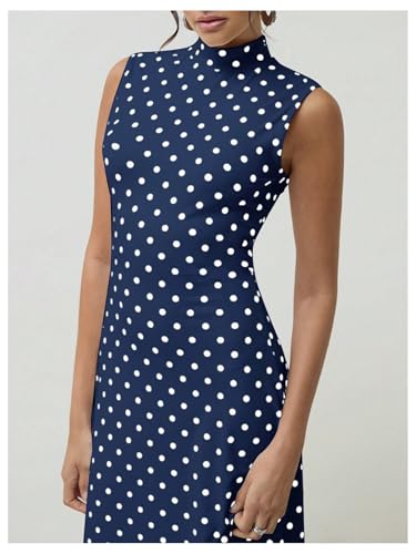 Image of Milumia Women's Polka Dots Maxi Tank Dress Vintage Mock Neck Sleeveless Elegant Long Dresses