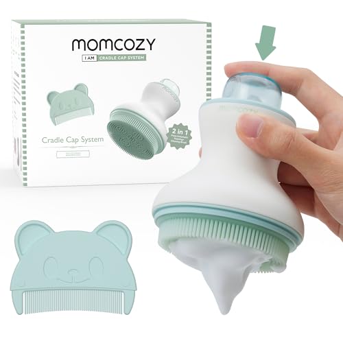 Momcozy Innovative Cradle Cap Brush with Pump, 2-in-1 Baby Cradle Cap Brush with Bubbler, Newborn Cradle Cap System, Shampoo Brush Baby Bath Essential Foamer Brush, Baby Hair Brush, Green