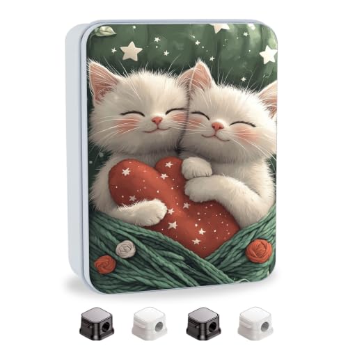 Image of Metal Tin Box with Lid,Multi-functional Storage Box Can Store Tea Biscuits Game Cards, Playing & Tarot Cards-Comes with 4 Magnetic Cord Clips,Cute Kittens Hugging