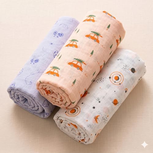 Image of NEW COMERS Cotton Muslin Baby Swaddle Set, Multicolor Printed Muslin Swaddle Wrap for New Born Baby, Soft Pure Cotton Sheet Baby Wrap Set, Baby Product (Swaddle 07)