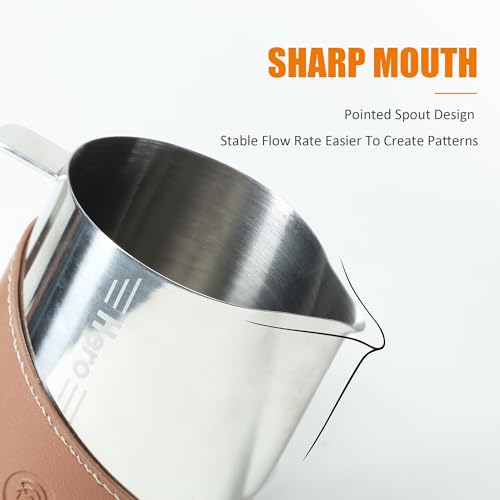 450ml 304 Stainless Steel Milk Frothing Pitcher, Bright PU Leather, Premium Barista Tool