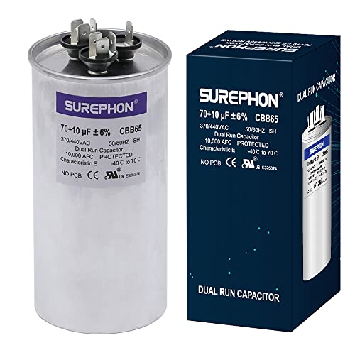 SUREPHON CBB65 Run Capacitor for ac 70 10 uf 70+10 MFD Dual 370-440 Volt, Works for HVAC, Air Conditioners, Heat Pumps