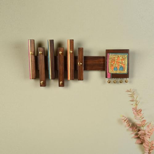 Image of AAKRITI ART CREATIONS Key Holder, Tribal Elegance Key Hanger | Rustic Wood Wall Organizer with 7 Hooks | New Home Gifts | Multifunctional Entryway Decor Item