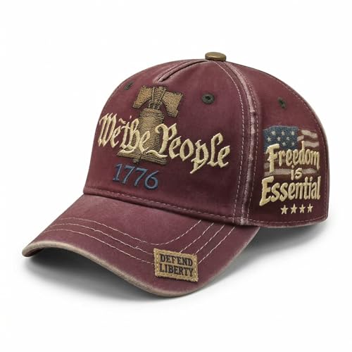 We the People 1776 Vintage Patriotic Baseball Cap Embroidered Liberty Bell & American Flag Hat Distressed Cotton Freedom is Essential Dad Hat Gift for Men Veterans