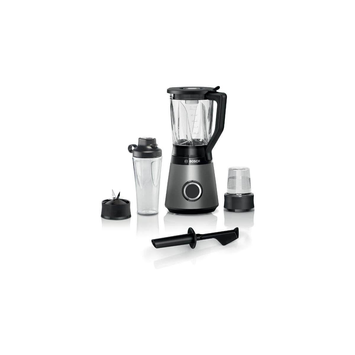 Bosch Serie 4 Frullatore VitaPower MMB6177S, 1200 W, 30.000 giri/min, Lame in Acciaio Inox, Frullatore da 1.5 L, Borraccia da 0.6 L, Tritatutto e Pestello Inclusi, Lavabili in Lavastoviglie, Argento