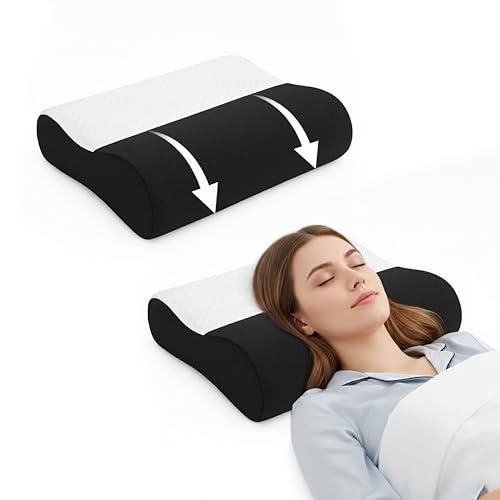 Image of Contour Neck Support Pillow, Memory Foam Cervical, 220 GSM Jacquard, 48 x 30 cm, Black & White, Ergonomic Orthopedic Sleeping Bedding, Breathable Foam Cushion for Back and Side Sleepers