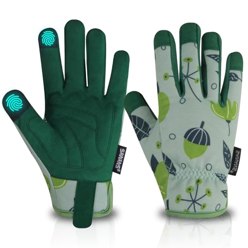Guantes de jardinería para damas, hombres y mujeres, pantalla táctil, guantes de jardín para podar s, transpirables, cómodos, de cuero de microfibra, regalos de jardinería para acampar (Verde, L)
