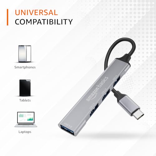 Image of Amazon Basics 4-in-1 USB C Hub, Type C Multiport with 1 x USB 3.0 & 3 x USB 2.0 Ports, up to 5 Gbps High Speed Data Transfer for Laptop, MacBook, PC (Grey)