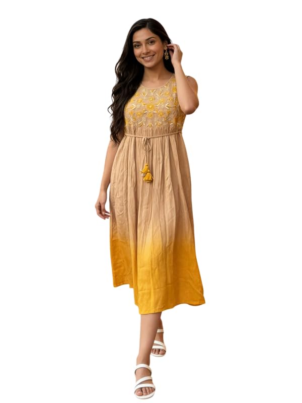 rangita Women Mustard Rayon Embroidered Flared Calf Length Dress-picture-10