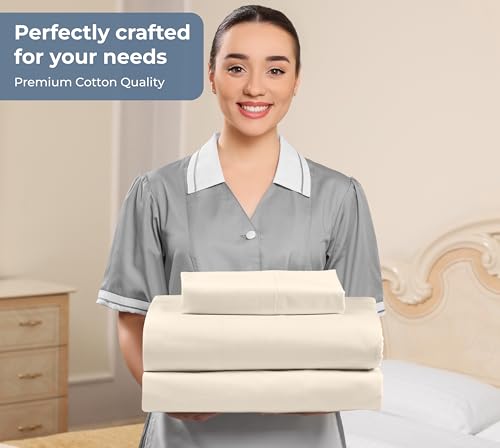 Image of ROYALE LINENS 100% Organic Cotton Twin XL Sheet Set - Percale Weave - 3 Pieces Set - 1 Flat, 1 Deep Pocket Fitted Sheet and 1 Pillowcases - Cream Bed Sheets - Sabanas Twin XL - Crisp Cool (Cream)