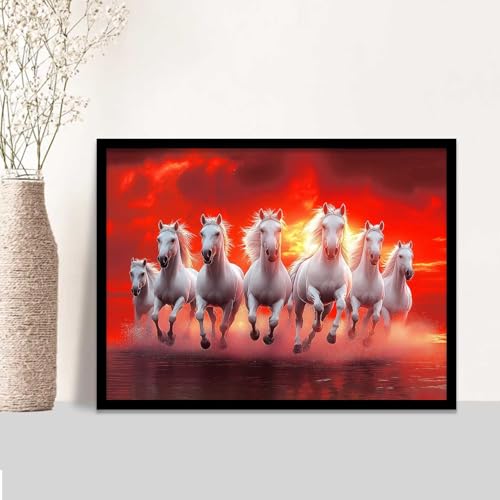Image of HOTHOUSE 7 Horses Vastu Frame Wall Art Painting for Living Room Bedroom Office Home Decor | Seven Running Vastu Lucky Horse Rising Sun Painting Wall Decor Size (13X17 inch)