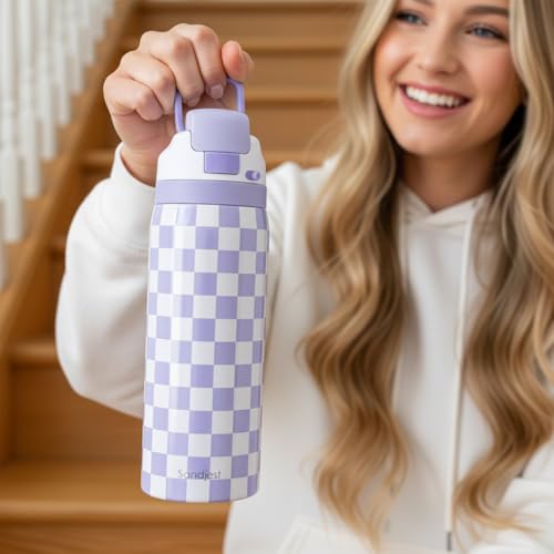 Image of Checkered Insulated Stainless Steel Water Bottle with Straw for Sports and Travel, 32oz, Gifts for Women Girls Friends Teens Birthday Christmas (Purple)