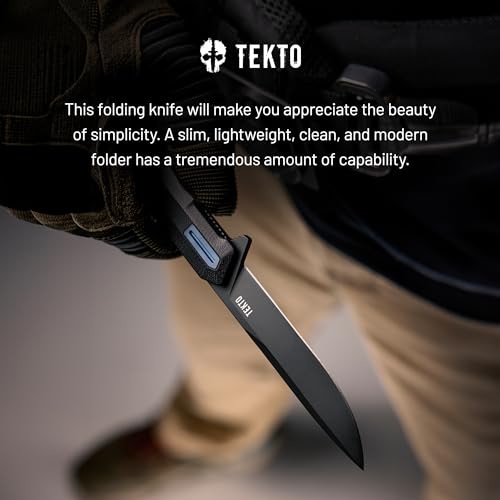TEKTO F2 Bravo Folding Pocket Knife - D2 Steel Blade, Ceramic Ball Bearings - EDC - Snap, Swift Flip for Camping, Backpacking - 2.4oz (68g), G10 Black Handle, Blue Titanium Accents