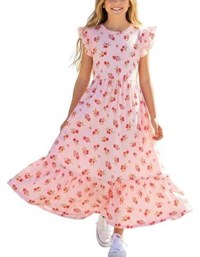 PATPAT Girls Summer Dress – Maxi Long Pink Floral Dress for Beach & Birthday Parties, Size 6-7T