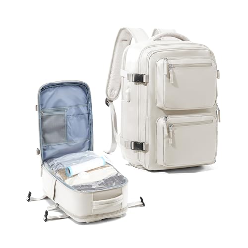 VGOCO Mochila de viagem para mulheres e homens, bolsa para itens pessoais, impermeável, bolsa de fim de semana, H3-cinza branco (com saco de vácuo e bomba manual), Large, Mochila + bolsa a vácuo +