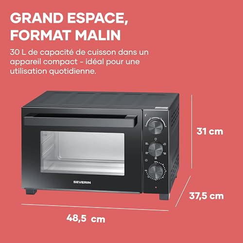 SEVERIN Mini-Four à chaleur tournante 30 L avec tournebroche, Four posable 1 500 W design simple et élégant électrique avec minuteur 120 min, Noir, TO 9020 – vue 9