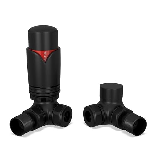 UK Radiators Black Thermostatic Radiator Valve and Corner Lockshield Valve - Matt Black Finish - Classy and Modern Design 1/2" x 15mm Corner Radiator Valve