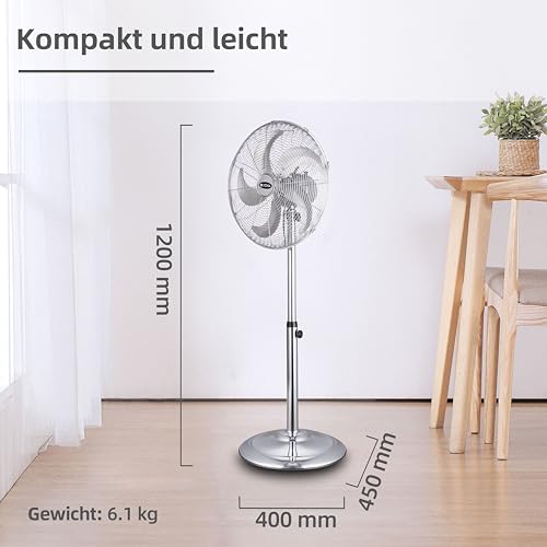 Be Cool Standventilator 40cm Super Silent BC40MSTF2205SS- Super Silent, Ø 40 cm, 50 Watt, stufenlose Höhenverstellung, 5 Rotorblätter, chrom, Silber-7