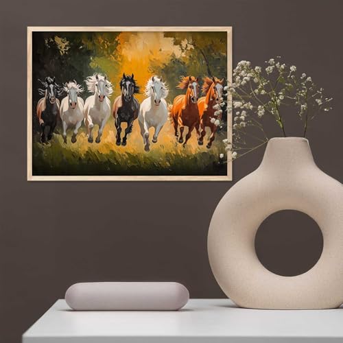 Image of HOTHOUSE Seven Running Vastu Lucky Horse Painting | 7 Horses Vastu Frame Wall Art Painting for Living Room Bedroom Office Home Decor Wall Decor Size (10X13 inch)