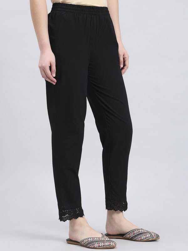 Image of GO COLORS Soft Cotton Lace Pencil Pant Full Length for Women| Mid-Rise, Breathable