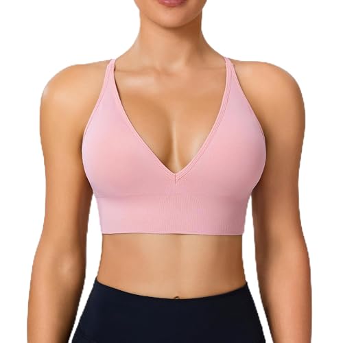 Image of BLUELILY Sports Bras for Women Padded Adjustable Deep V Neck Bra Seamless Spaghetti Strap Criss Cross Light Impact Yoga Bras