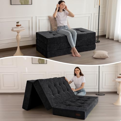 MAXYOYO 6' Folding Sofa Bed for Floor, Tufted Tri-Fold Floor Mattress with Chenille Fabric, Queen Size Portable Sofa Couch Guest Mat for Adults, Foldable Topper for Camping, Black, 59'x78.7'