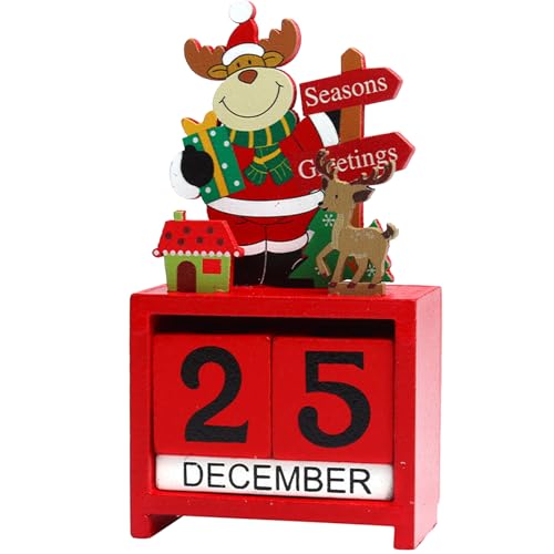 Image of KASESSS Wooden Christmas Countdown Calendar, Wooden Christmas Decorations, Xmas Countdown Calendar Blocks, Adorable Cartoon Reindeer Desk Calendars for Xmas Holiday Home Office Decoration, Red