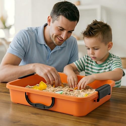 Image of FIIOEOY 3 Pcs Sensory Bin Sand Tray with Lid & 3 Stickers, Stackable Storage Sensory Bin Containers with Lid, Portable Sandbox Organizers for Toys, Sand, Arts, Crafts (Purple, Blue, Orange)