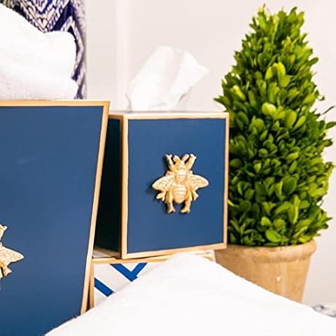 Jaye’s Studio Regency Line, Decorative Tissue Box Holder for Bathroom, Bee Detail, Gold Trim, Hand Painted Metal, Luxury Tissue Cover, Size 6x5x5 (Navy) Cover