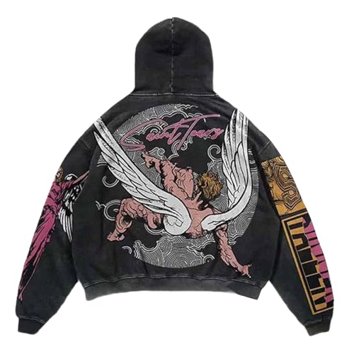 Men's Women's Y2K Vintage Skull Print Casual Hoodie, College Style Gothic Long Sleeve Hoodie, Loose Oversized Street Retro Couple Sweatshirt, A Black, 6XL