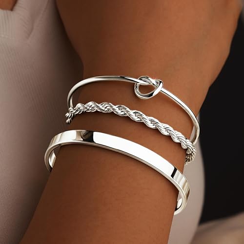 Silver Bracelets for Women Stack, Silver Cuff Bangle Set, Trendy Jewelry for Women Fashion2