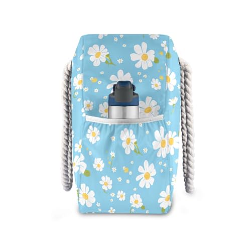 Simple Blue Daisy Portable foldable beach bag for travel with zipper teacher tote bags for women for Pool Gym Grocery Travel3