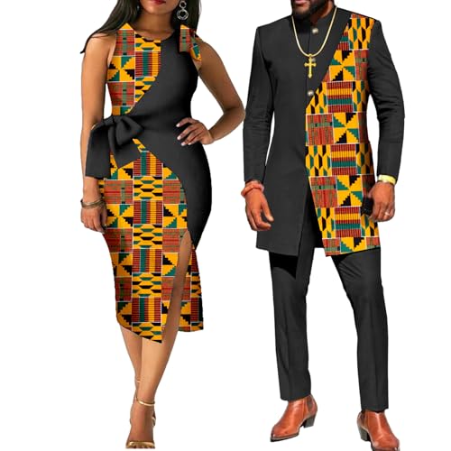 African Suits for Couples Women Kente Print Cotton Patchwork Dress or Dashiki Men Suit Top and Pants2
