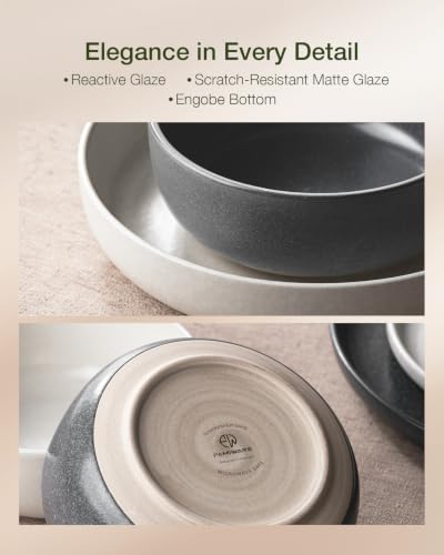 Image of Famiware Milkyway Plates and Bowls Sets, 12 Pieces Dinnerware Sets, Reactive Glaze Dish Set, Stoneware Dishes Set for 4, Matte Beige White & Matte Dark Charcoal