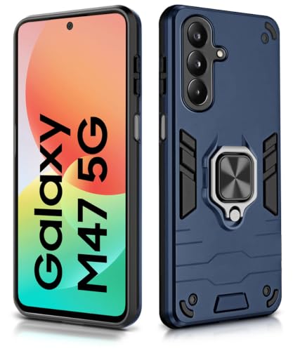 Image of WOW IMAGINE Shock Proof Back Case Mobile Cover for Samsung Galaxy M47 5G | Back Cover Case (Tough Armor | Hybrid PC + TPU | Ring Holder & in-Built Kickstand | Blue)
