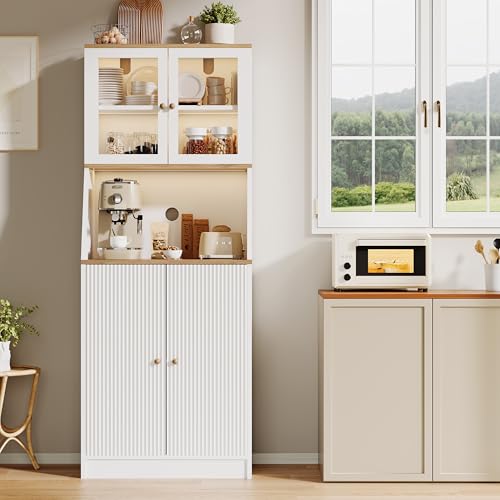 MASAJIA Alacena Blanco Cocina con iluminación LED, Aparador Armario Alto con Encimera para Microondas y Agujero Cable,para Comedor Sala Cocina, 70x40x180 cm