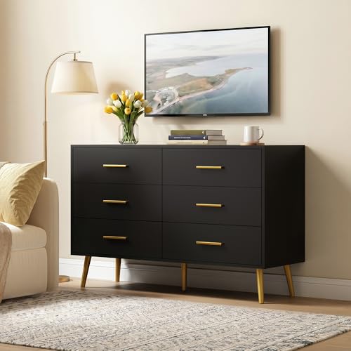 Image of Black 6 Drawer Dresser for Bedroom, 47 inch Wood Dresser with Gold Handles.