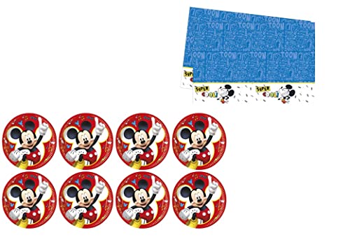 ALMACENESADAN, 4887, pack Disney Mickey Mouse compuesto por mantel 120x180 cm y 8 platos de cartón de 23 cm, ideal para fiestas y cumpleaños. (8435510348878)