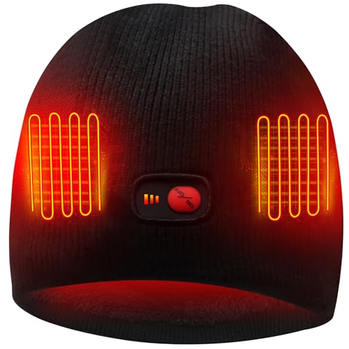 Rabbitroom Heated Hat for Men Women Rechargeable Battery Heated Beanie Hat Winter Ear Warmers Knitted Hat for Fishing Skiing Motorcycling(Black)